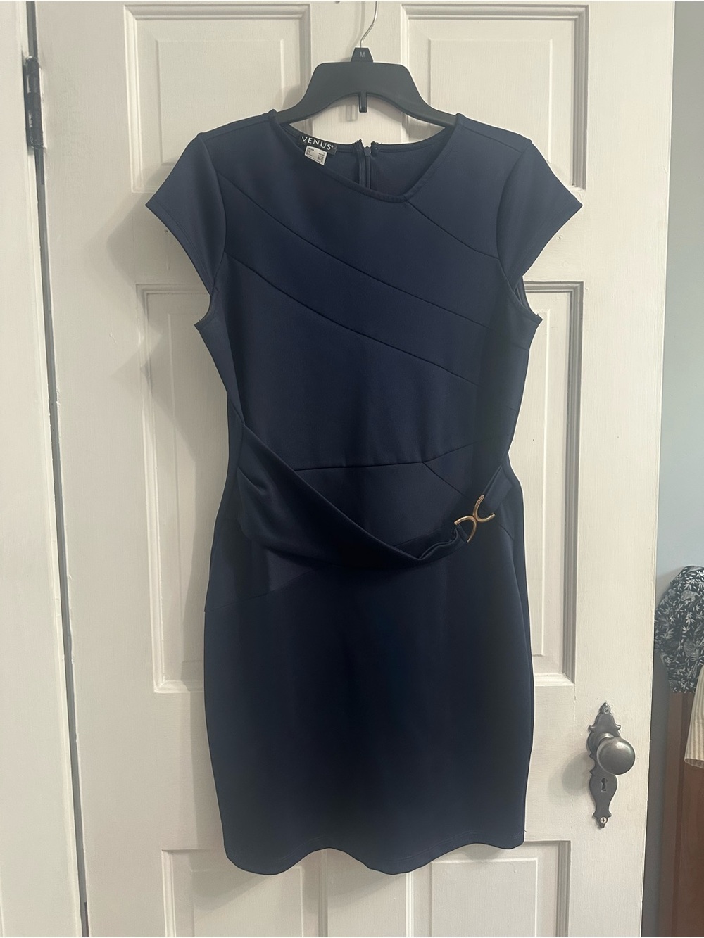 VENUS Navy Midi Sheath Dress with Asymmetrical Drape